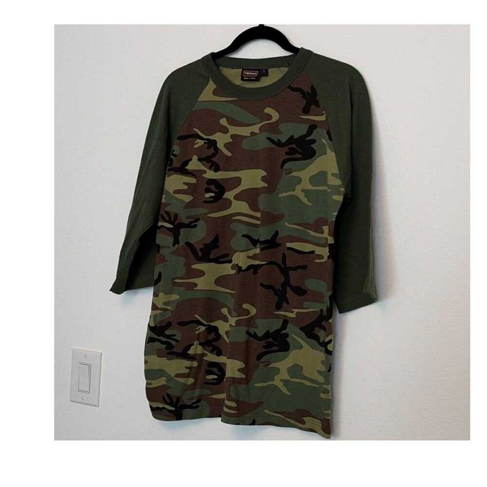 Men's 3/4 Sleeve Camouflage T-Shirt Green Brown Cotton Crew Neck Size L
